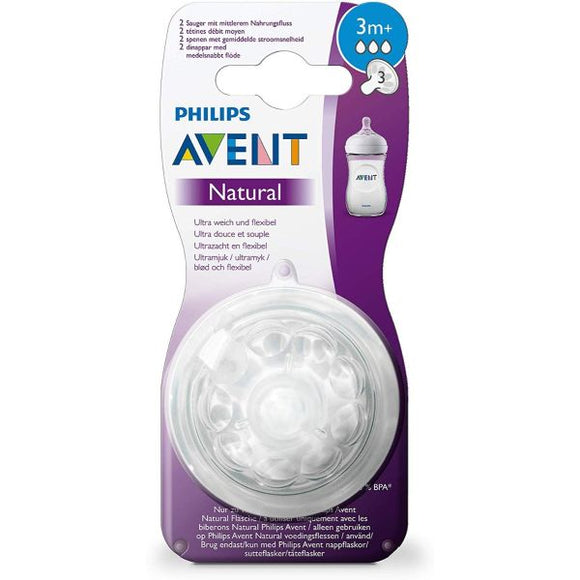 Avent 2 Natural Teats Medium Flow 3 Holes - 3M+