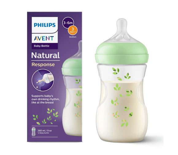 Avent Natural Response Feeding Bottle 3-6M Green Leaves - 260 ml