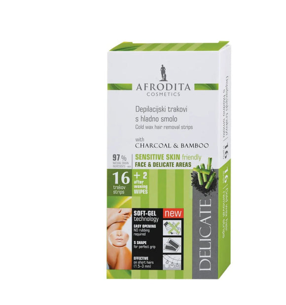 Afrodita Cold Wax Hair Removal Strips with Charcoal & Bamboo - 16 Strips + 2 Wipes
