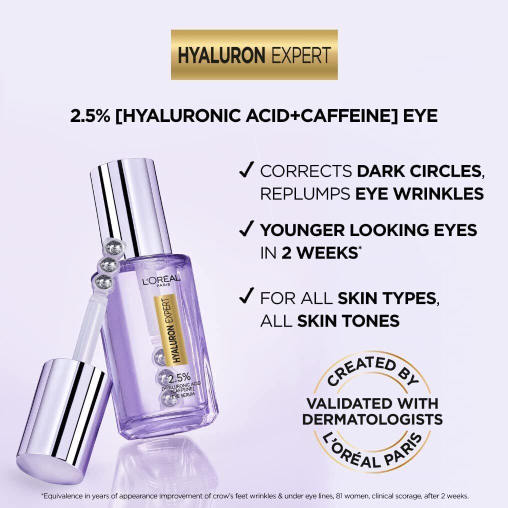 L'oreal Hyaluron Expert Moisturiser and Anti-Aging Eye Serum with 2.5% Hyaluronic Acid & Caffeine - 20 ml