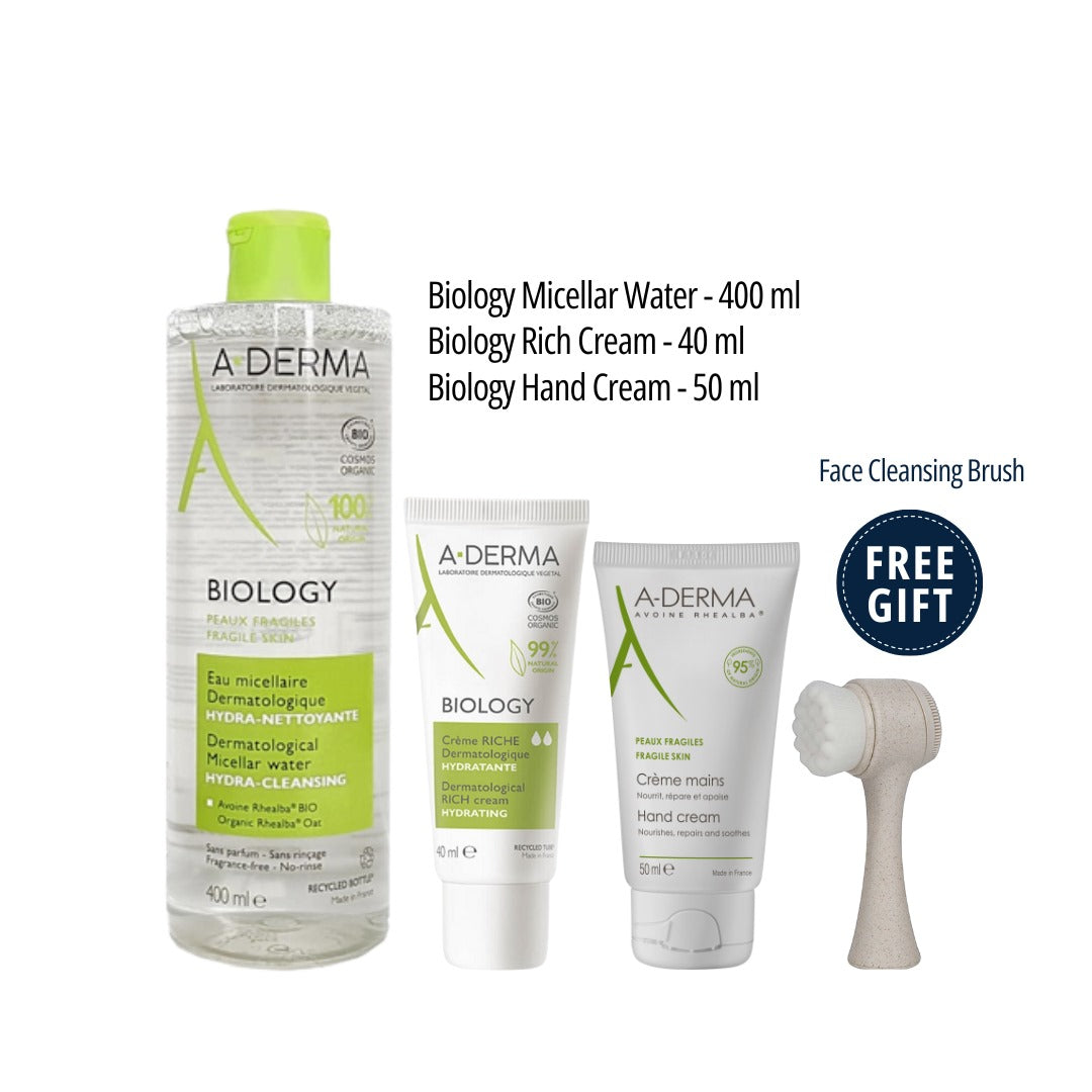 A-derma Bundle: Biology cream, hand cream, micellar water & face brush