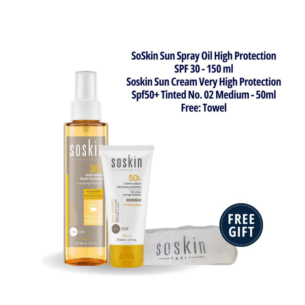 SoSkin Sun Spray OIl + Tinted Suncreen Cream + Free Hair Towel