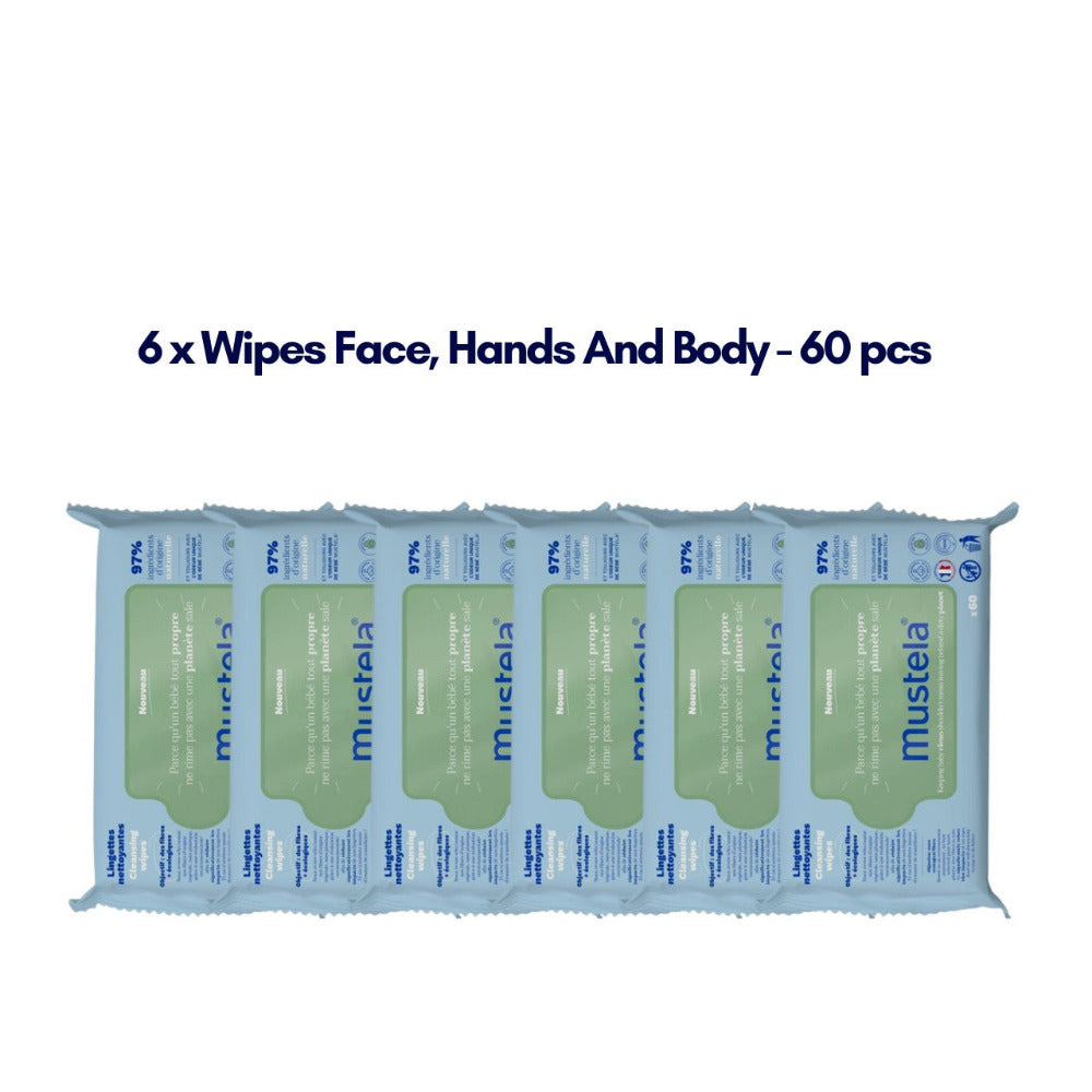 Mustela Wipes Face, Hands And Body- 60 pcs (6 Packs)