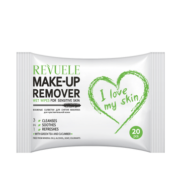REVUELE Wet wipes MAKE-UP REMOVER I LOVE MY SKIN for Sensitive skin with Green Tea and Cucumber - 20 pcs