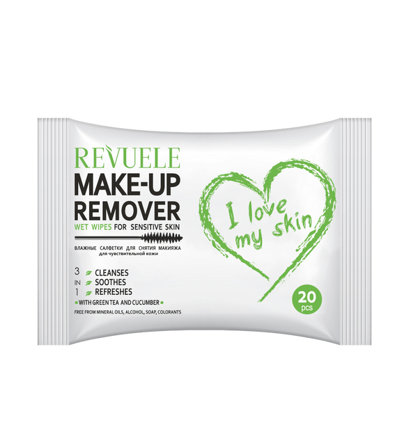 REVUELE Wet wipes MAKE-UP REMOVER I LOVE MY SKIN for Sensitive skin with Green Tea and Cucumber - 20 pcs