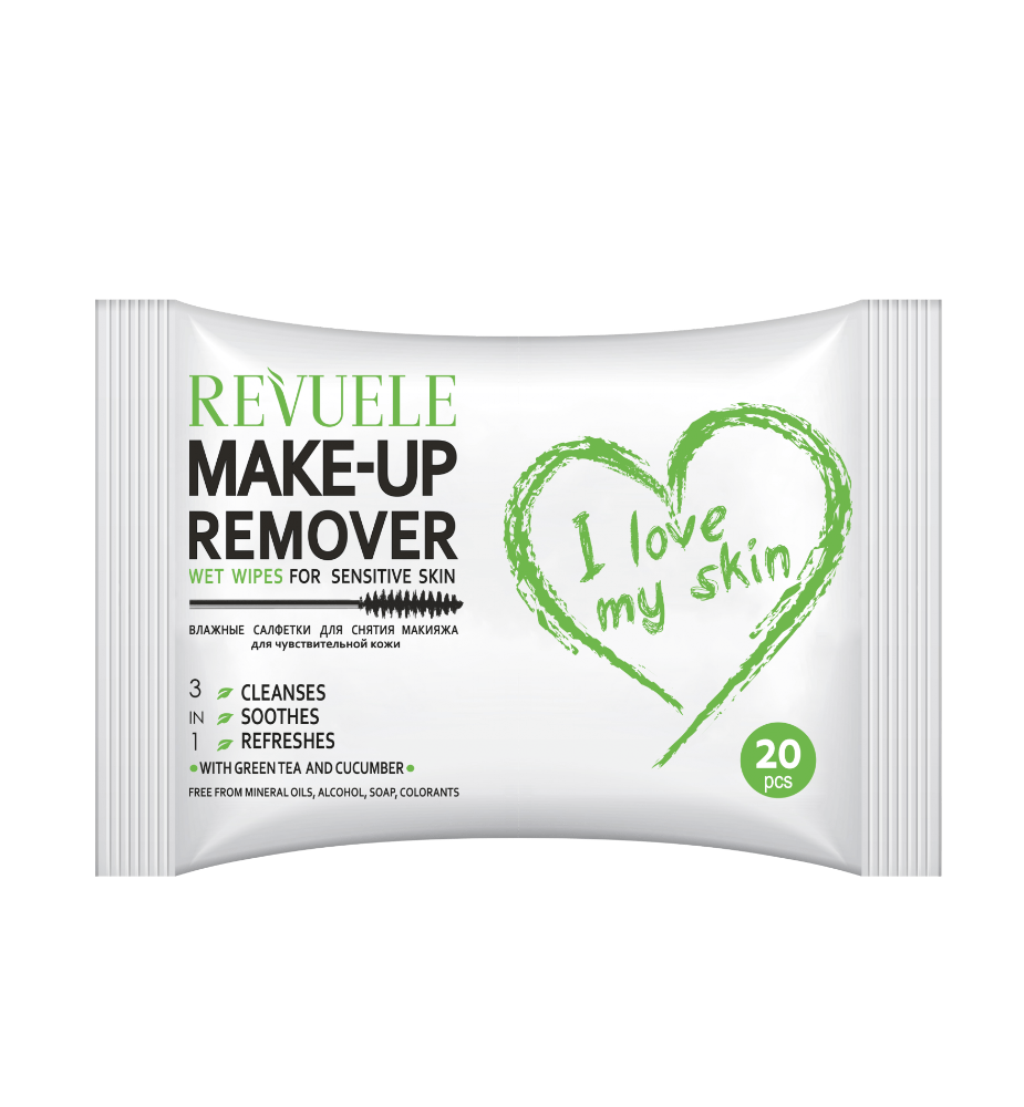 REVUELE Wet wipes MAKE-UP REMOVER I LOVE MY SKIN for Sensitive skin with Green Tea and Cucumber - 20 pcs